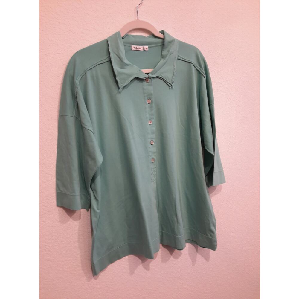 TEXTURES shirt top collar button Size 2 cotton USA Turquoise blue green EUC